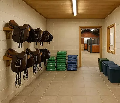 A tack and feed room inside a modern stable block, part of an all-in-one barn design with stables. Horse saddles hang on a wall.