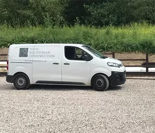 Our Total Equestrian Construction van, symbolising our dedicated in-house team equipped with horse-friendly tools and equipment for every project.