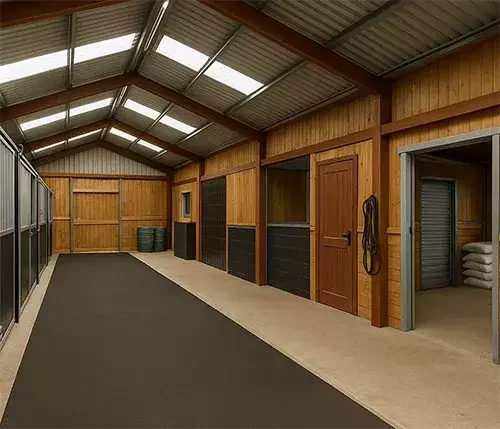 A modern stable block with timber walls, storage rooms, and horse stalls, designed with flexible internal layouts for stables, feed, and tack rooms.