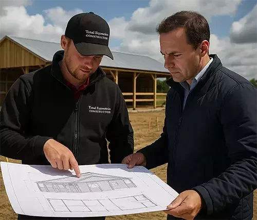 Our Total Equestrian Construction team reviewing building plans on-site, providing expert support with planning applications and site design.