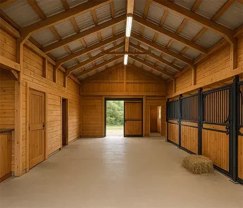 A timber stable block with stalls, storage, and central walkway, designed so you can work, ride, and prepare indoors.