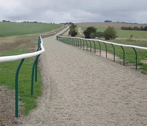 This image shows a professionally built all-weather gallop with custom fencing designed to fit the layout and ensure safe horse training.