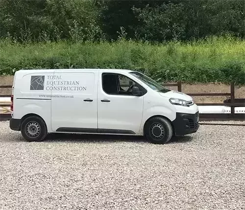 This image shows a Total Equestrian Construction van, representing our dedicated in-house team delivering expert equestrian building projects.